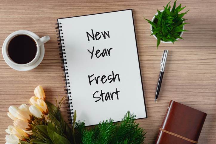 Notepad with wish list and coffee cup. New year's hope and resolution concept.