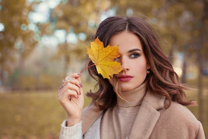 Perfect Autumn Woman Model with Brown Hair, with Fall Fashion Girl Outdoors